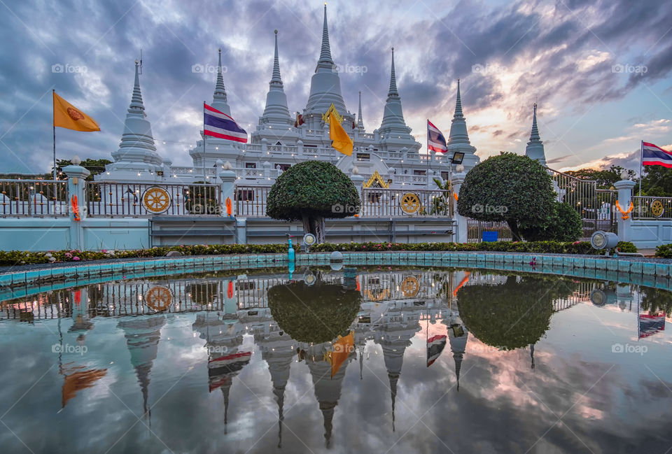 Beautiful scene of the famous pagoda of Wat Asokaram in Samutpakarn Thailand