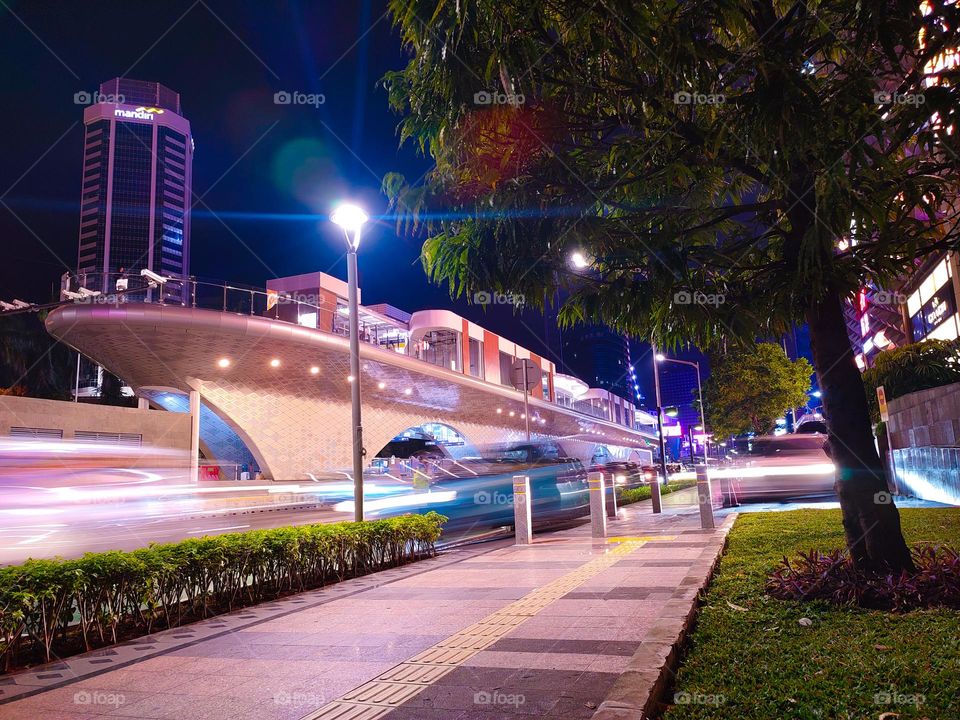 Appearance of the Tosari Bus Stop Building in Central Jakarta at night.  This new stop was built and inaugurated in 2022. The Tosari stop is built to look like a magnificent ship.