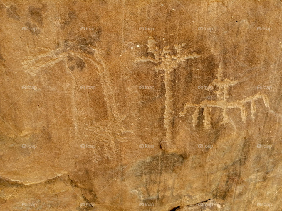 Neolithic rock carvings of trees and animals on Queen Victoria Rock near Riyadh