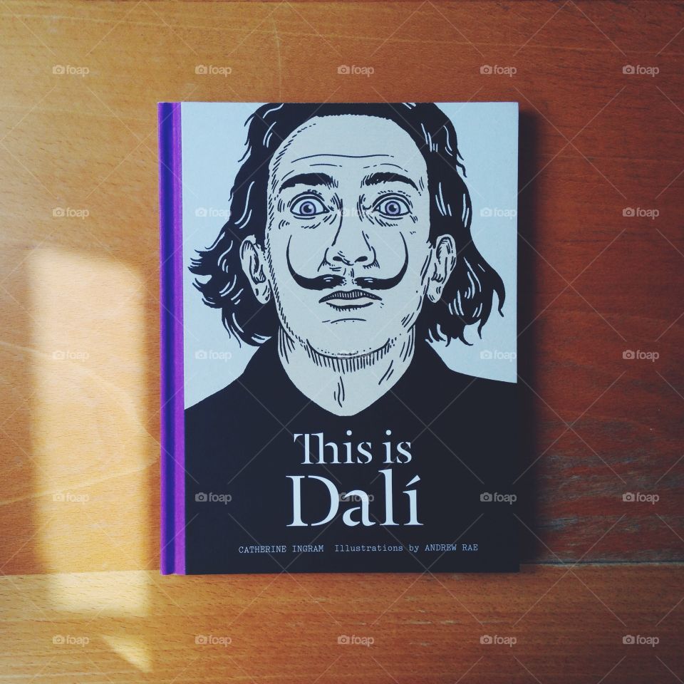 A Salvador Dali art book lying on a wooden desk with a ray of sunlight.