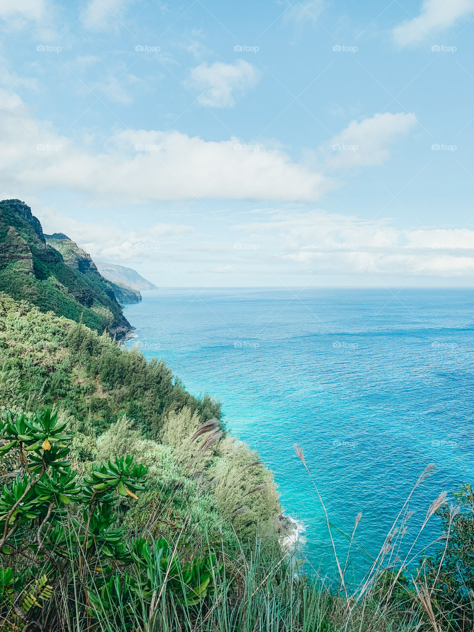 The beautiful North Shore of the Hawaiian Island of Kauai. Views from the Hanakapiai/Kalalau hiking trail of the Napali Coast, Pacific Ocean.