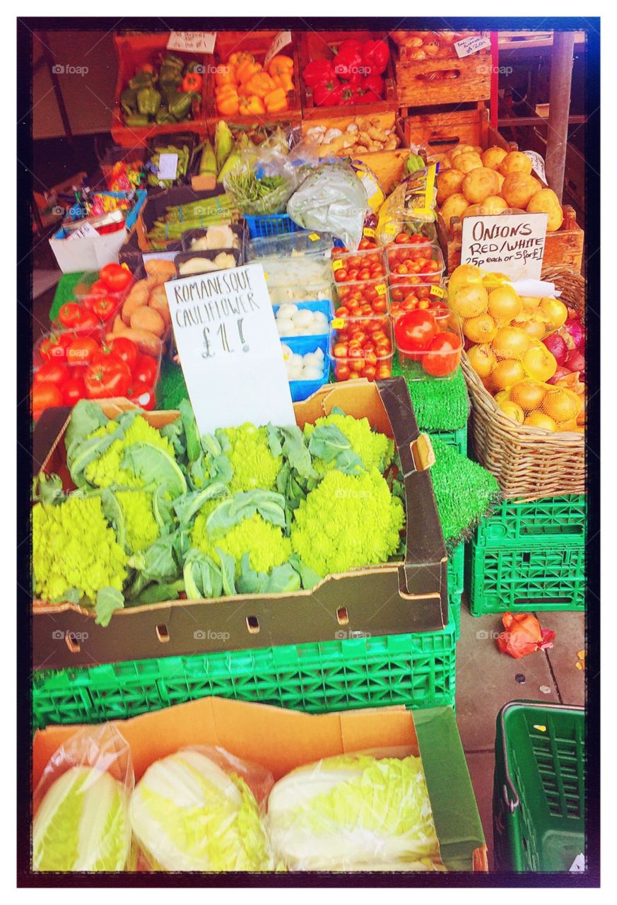 Fruit and vegetables . Fruit and vegetable stall in Manchester.