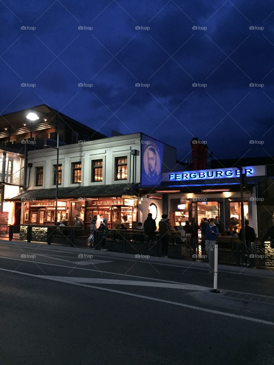 Fergburger and Ferg Bakery at night in Queenstown