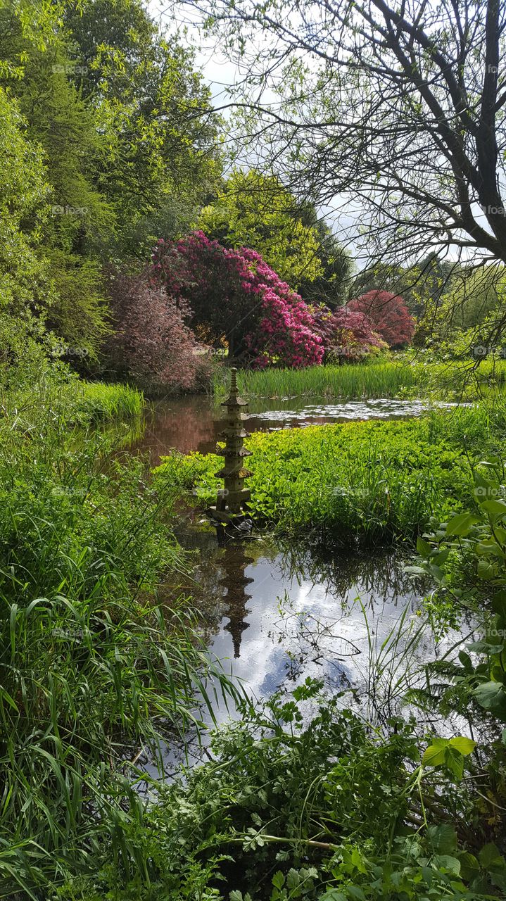 Pagoda in a lake garden at Mount Stewart Country Estate, Northern Ireland. Beautiful National trust property.