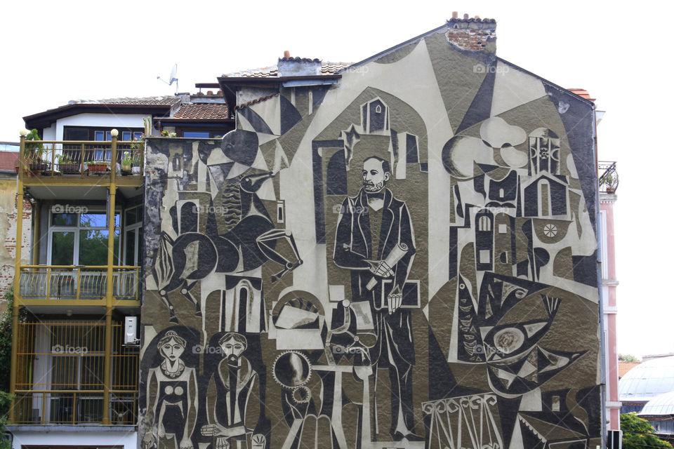 Old building, art facade, Plovdiv, Bulgaria.