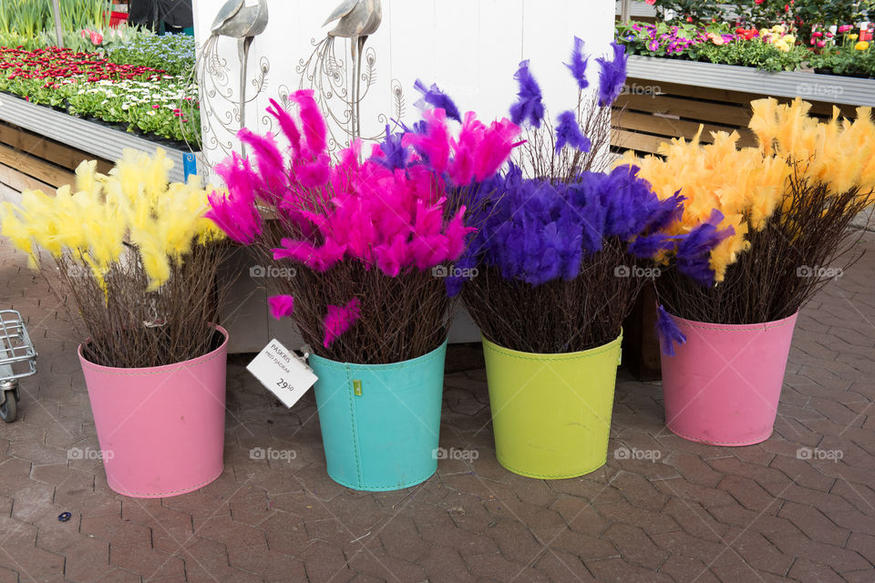 Easter feathers on display in a local store in Sweden.