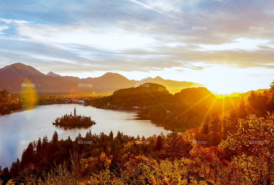 Lake Bled with island during sunrise, Slovenia