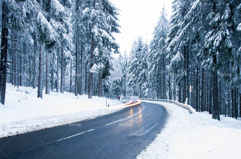 Driving through forest in winter
