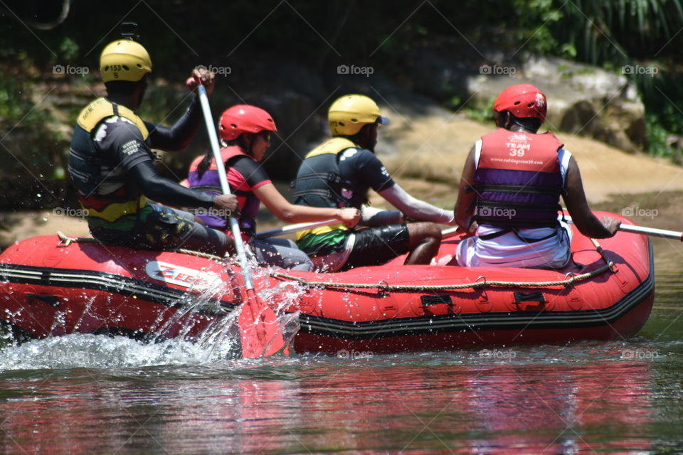 A group of white water rafting