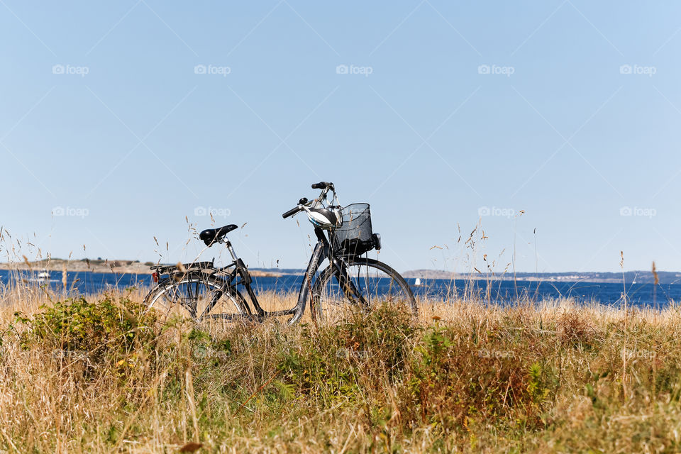Coastal countryside in summer, bicycle parked by the ocean 