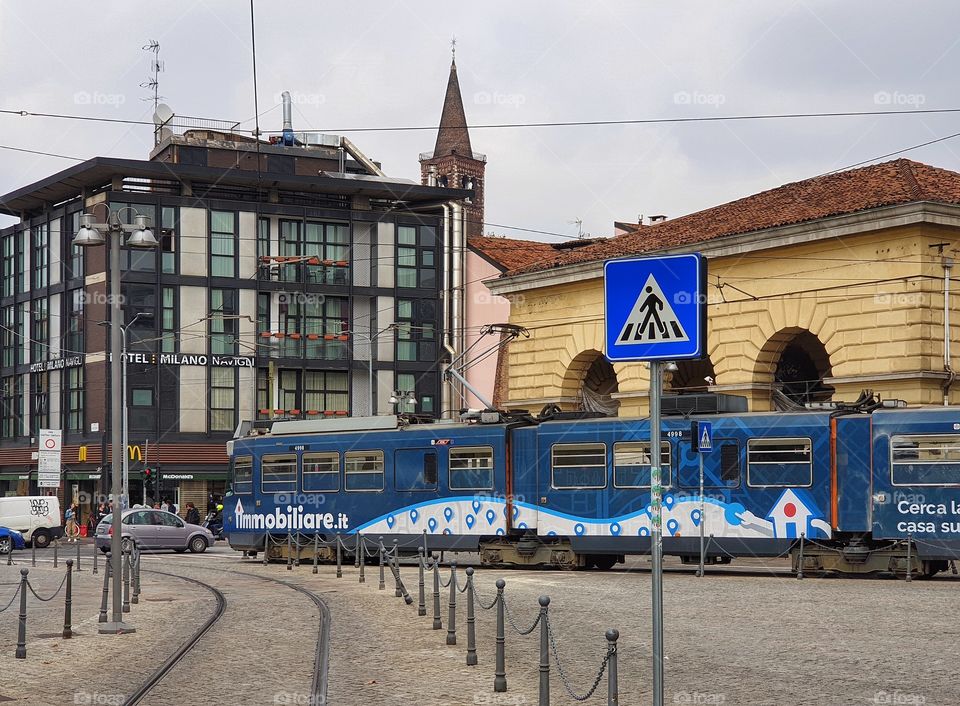 Blue tram in Milan, Italy