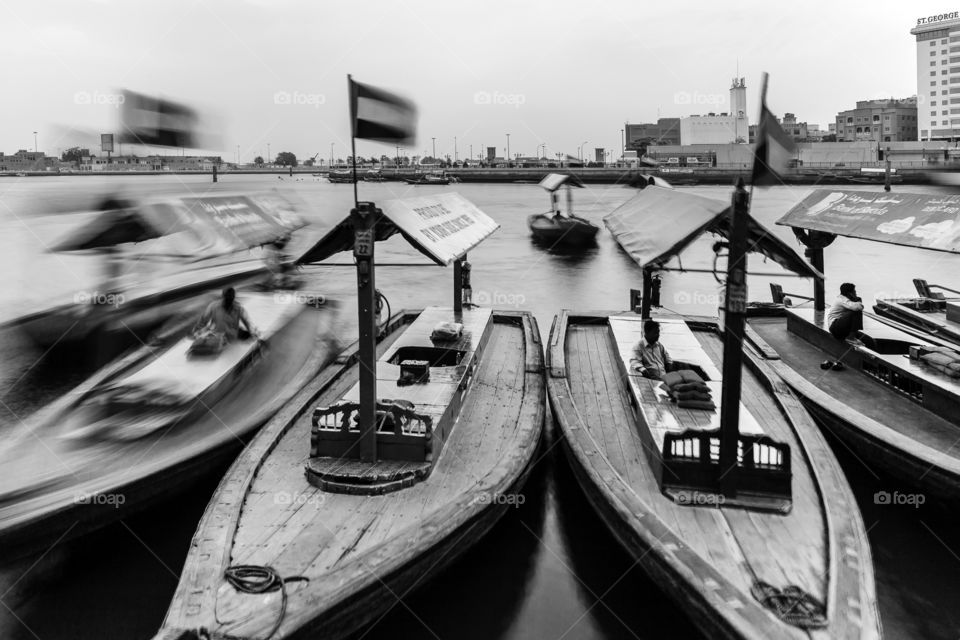 Traditional boats at the creek waiting for passengers in Dubai, UAE