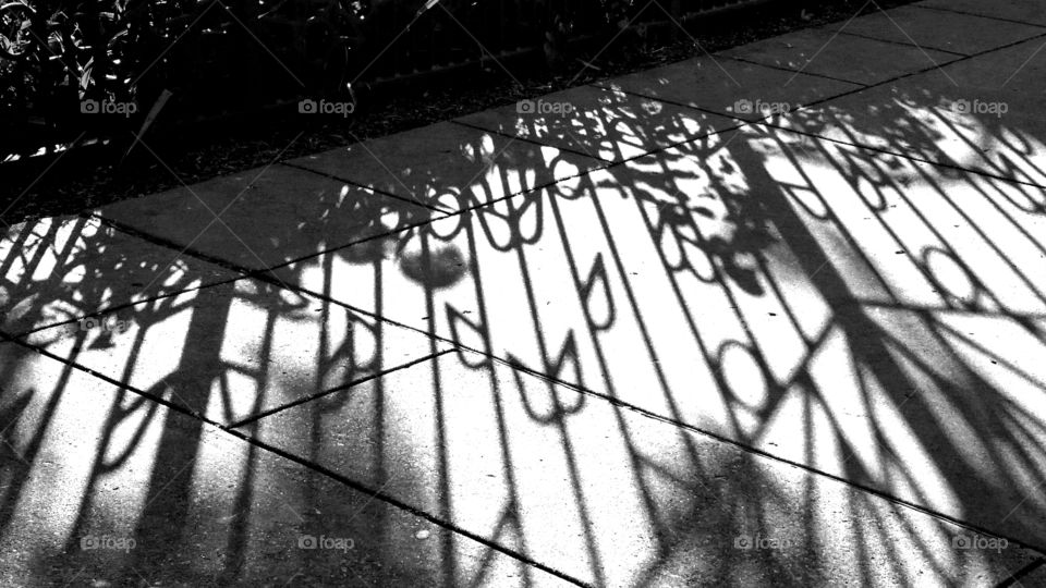 Fence shadows on the sidewalk