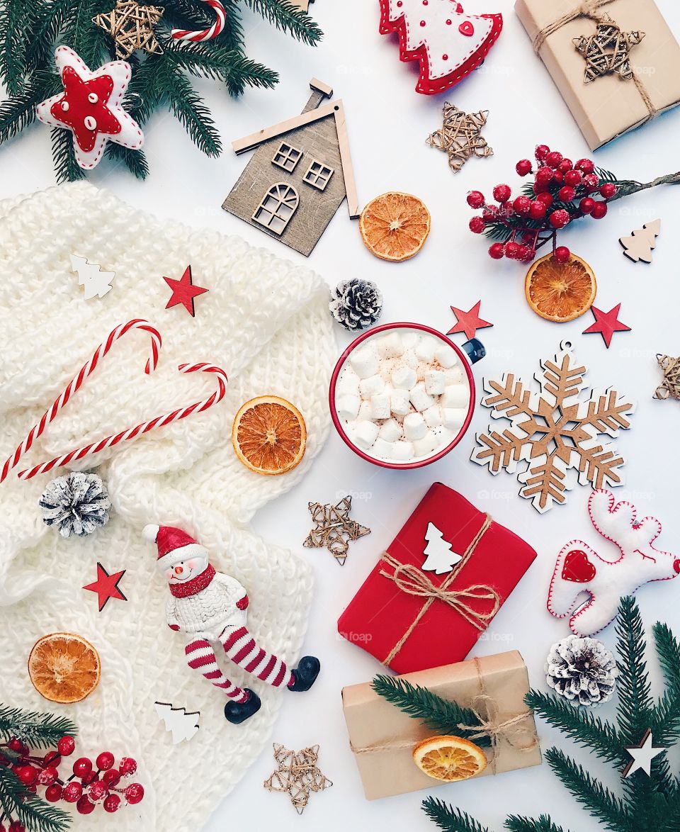 Christmas flat lay. Christmas photography with Christmas decor