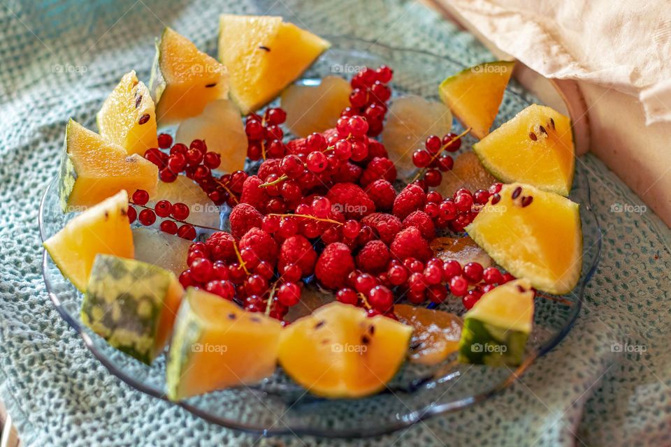 Fruit salad,  Raspberries and malon