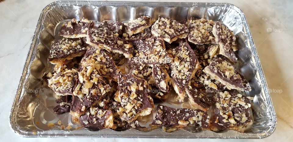 Cracker Candy, Chocolatey crispy buttery ready serve and ready to eat!