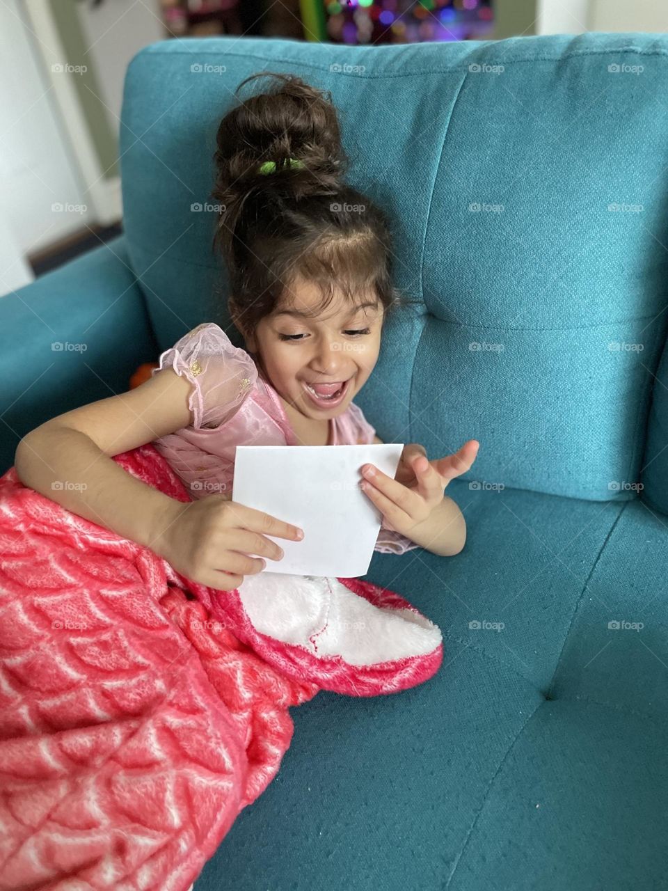 Little girl very excited to get a card from Grandma and grandpa, grandparents send funny card to granddaughter, little girl excited to get mail