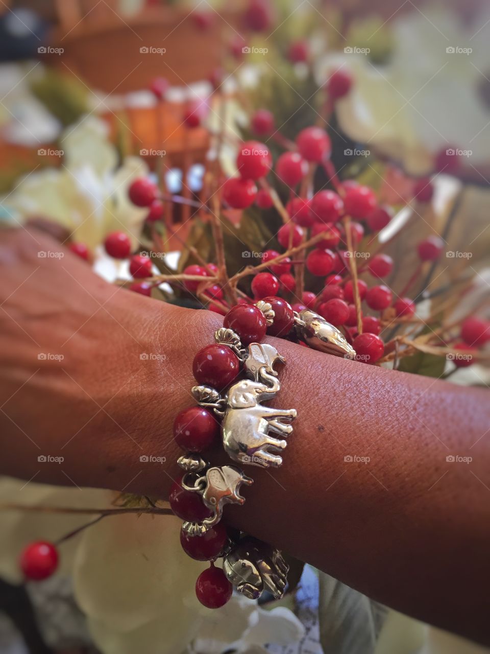 Red and silver elephants bracelet 