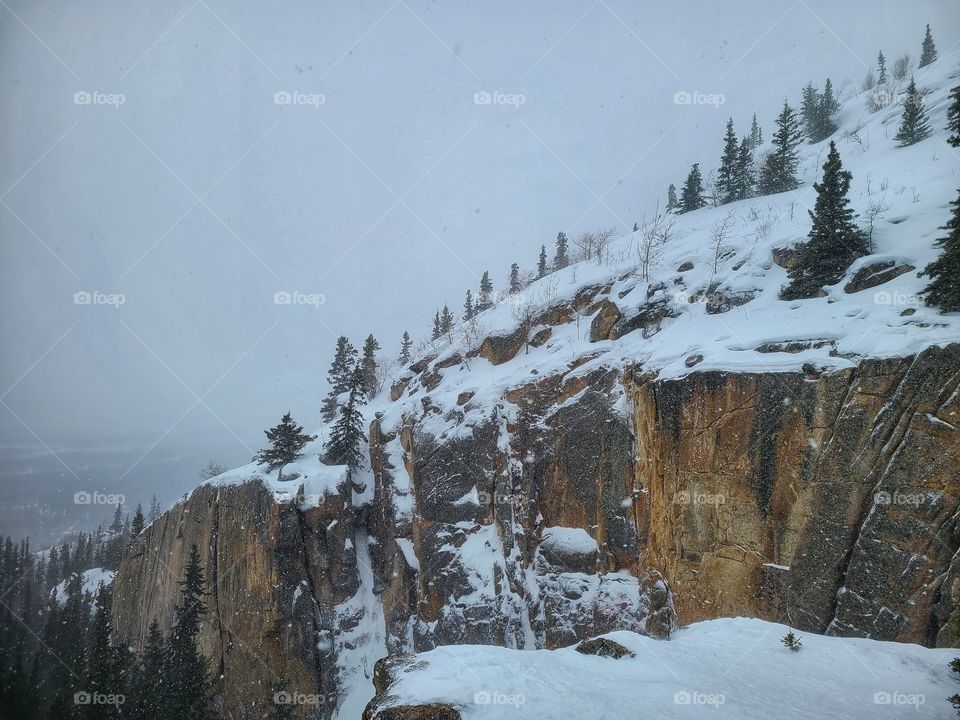 Canyon walls covered in white snow