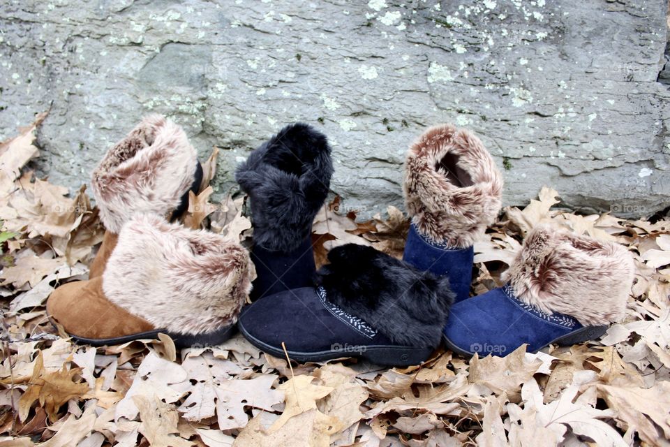 Colorway Navy, Black, and Buckskin leaning on rock with leaves