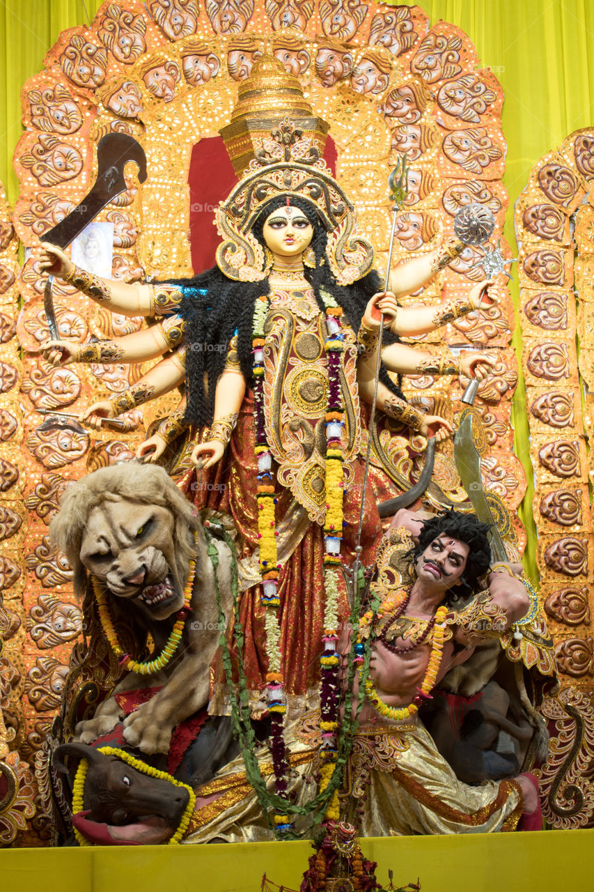 KOLKATA, INDIA - OCTOBER 7, 2016: Potrait Of Goddess Durga idol at a South Kolkata famous Durga puja temple (pandal) on "Maha Ashtami".