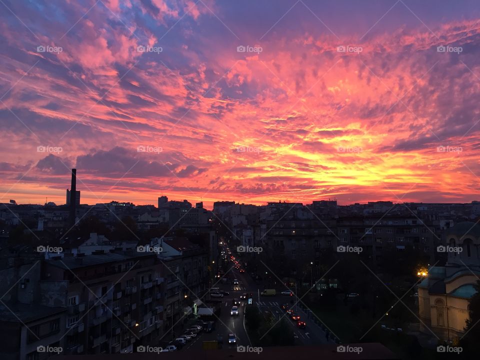 Gorgeous sunset over the city of Belgrade