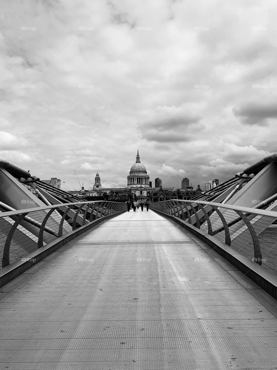 St Paul’s cathedral view from millennium bridge, black and white architecture 