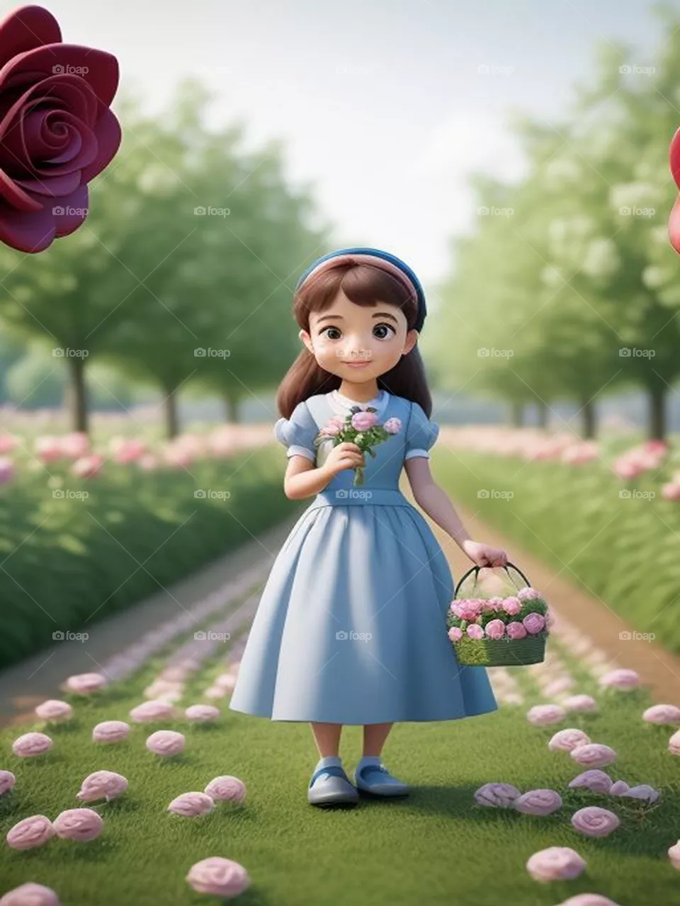 Beautiful little girl carrying a beautiful basket of flowers
