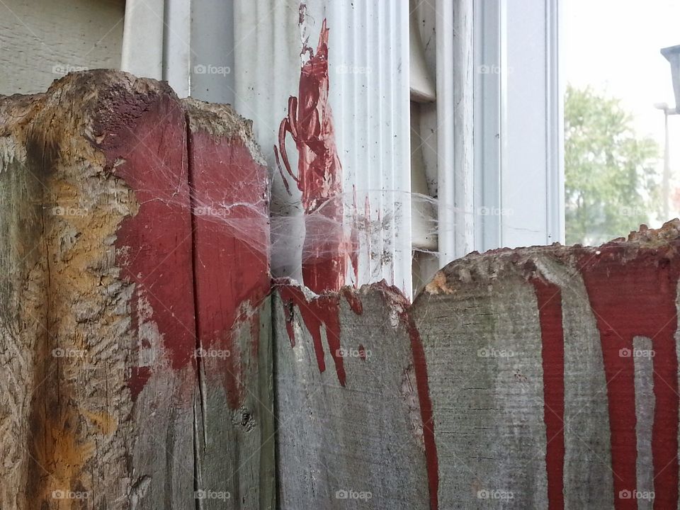 A spider web embraces a wooden fence splattered with red paint in midwestern Bolingbrook, Illinois.