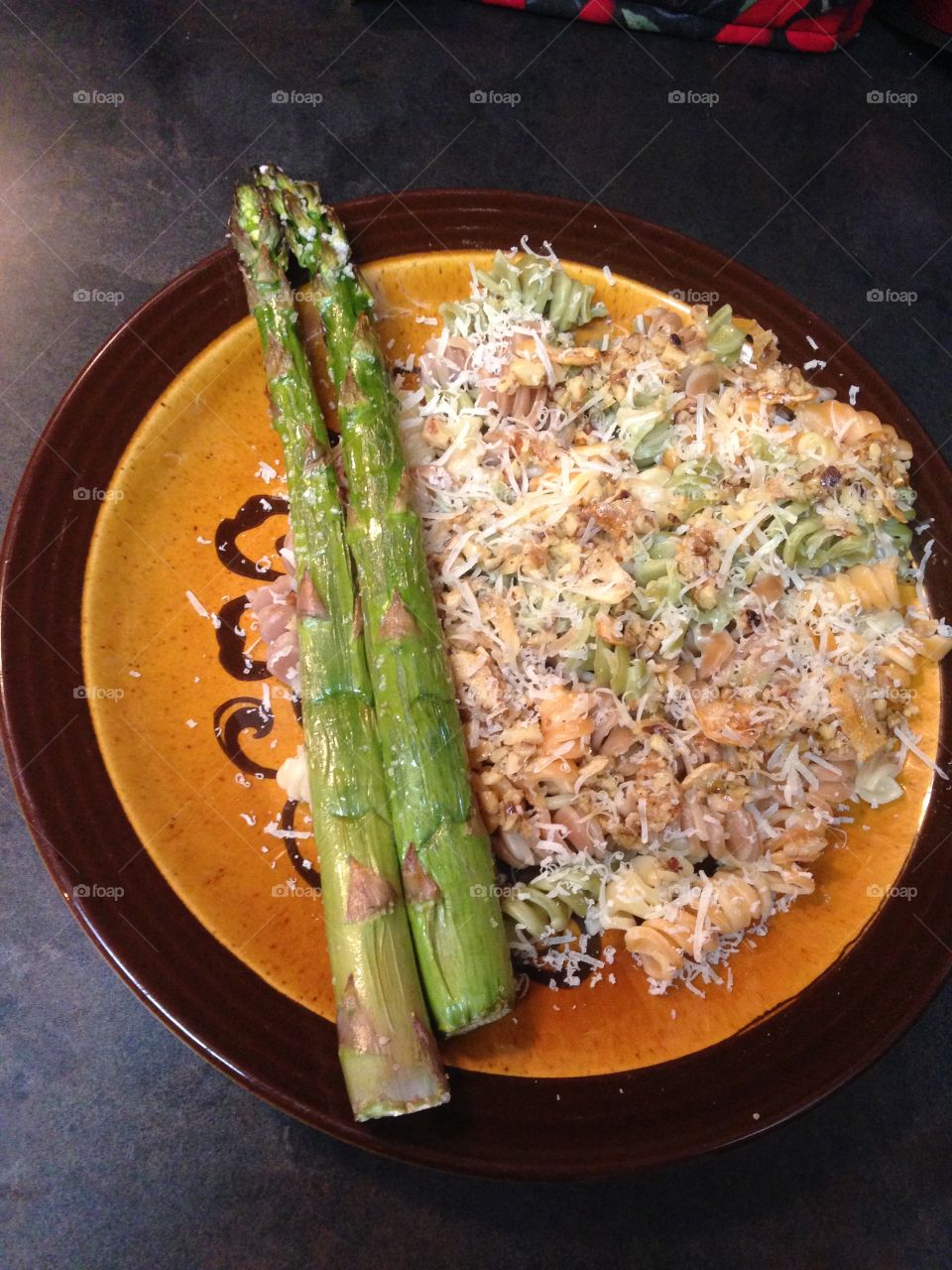 Rotini pasta with Parmesan and giant asparagus