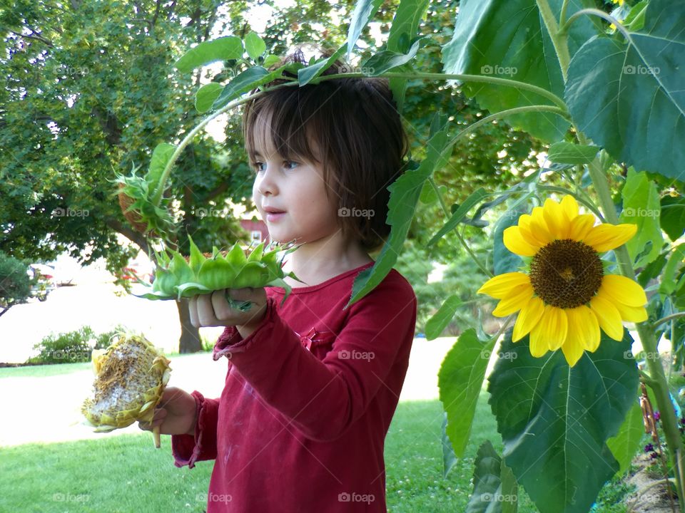 Girl standing in park near yellow flower