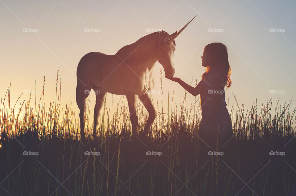 Girl feeding horse at the time of sunset