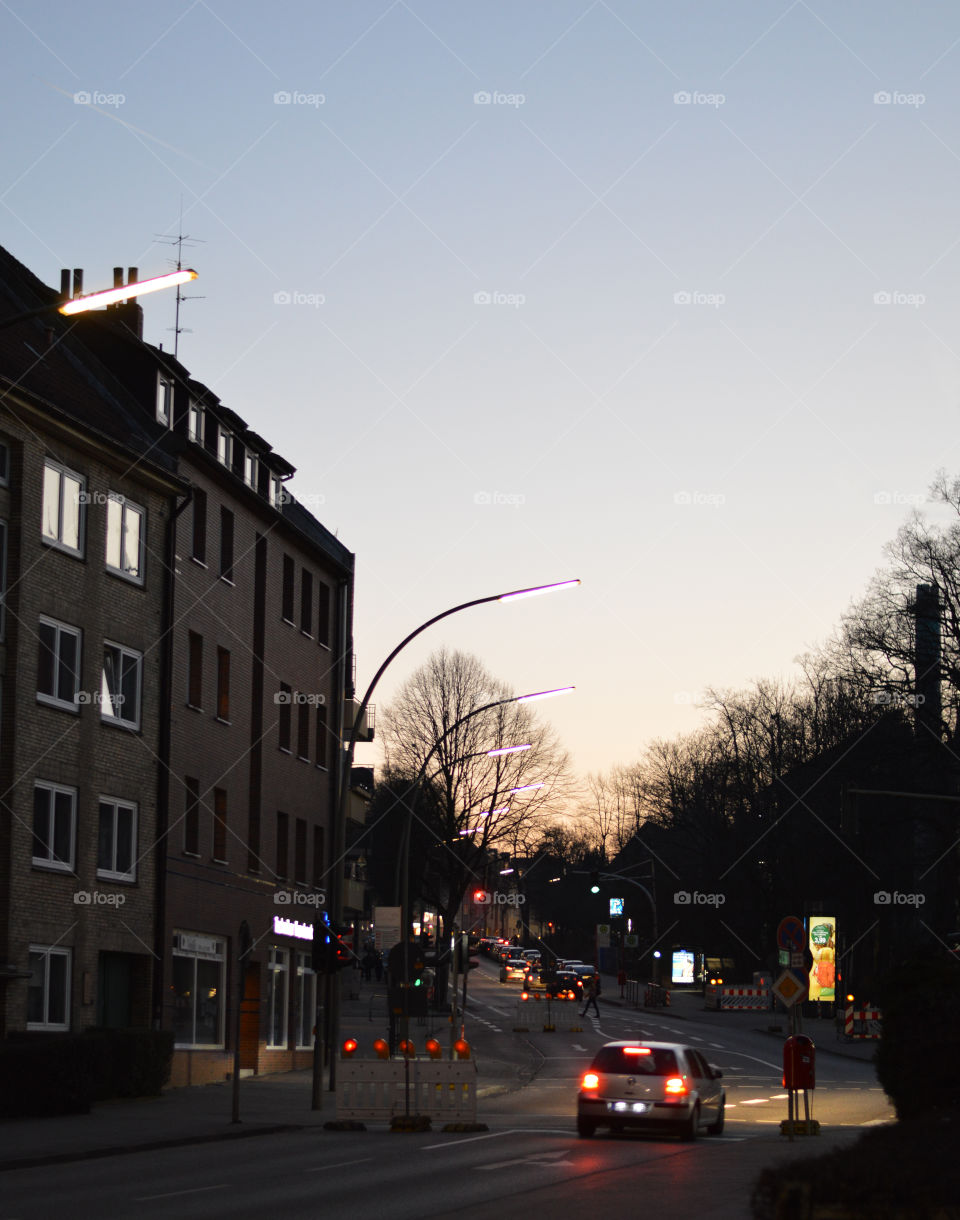 City lights in sunset