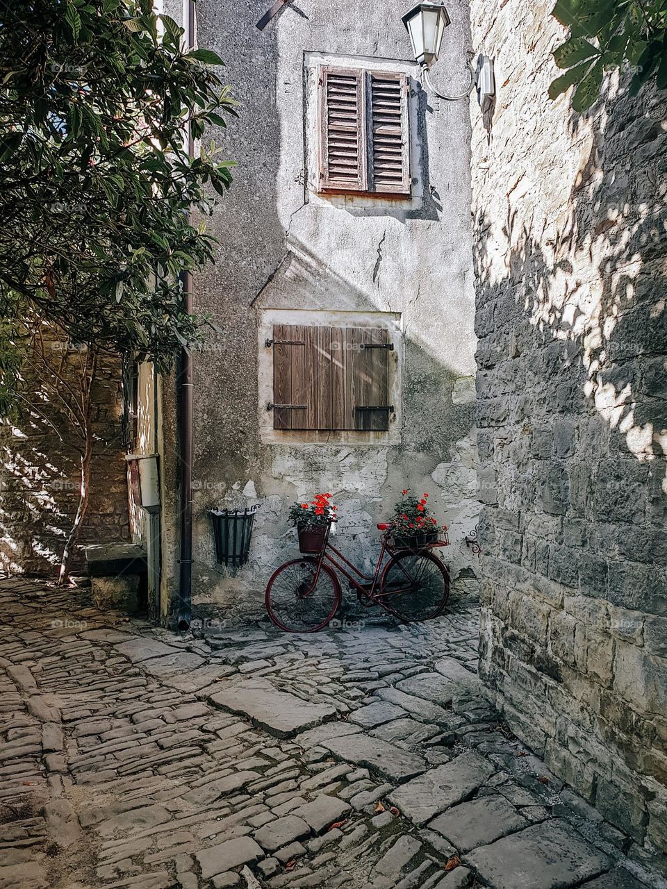 Vertical photo of one lonely bicycle with flowers on handlebars leaning against old tone house in picturesque town