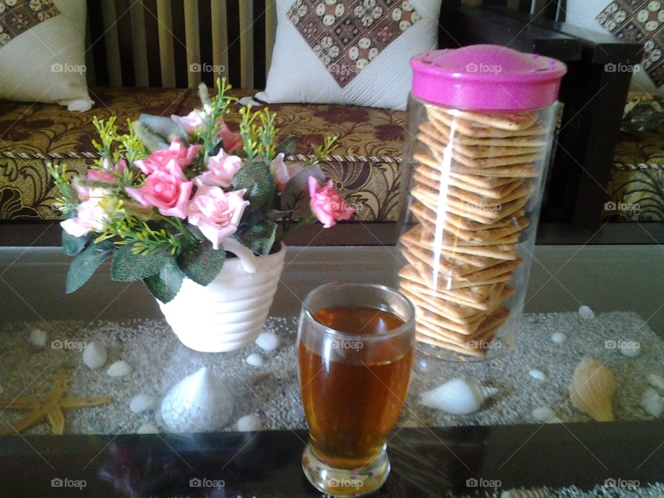 tea morning. jasmine tea and biscuit for your energy.