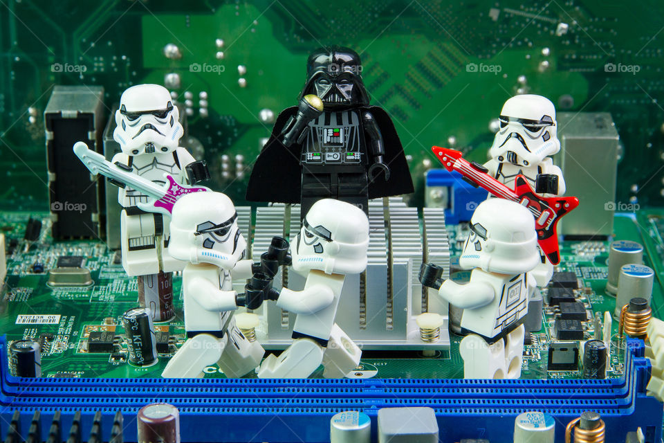 Lego star wars singing concert on computer motherboard.