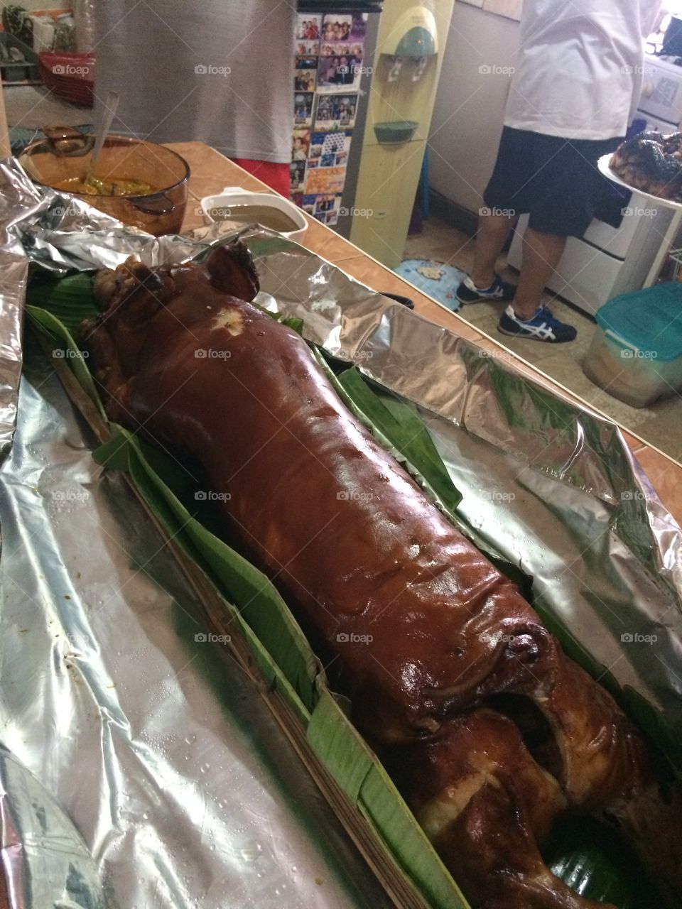 this is a roasted pig locally know as "lechon". This is seved mostly during fiestas and biethday celebrations together beer. The skin is very crispy
