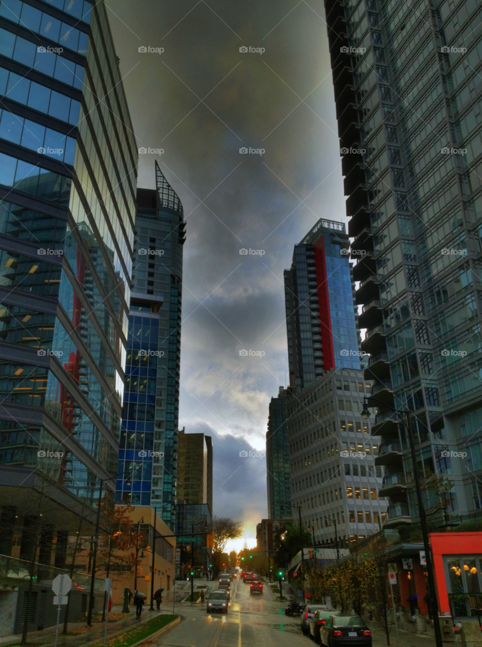street sunset clouds buildings by tazmed