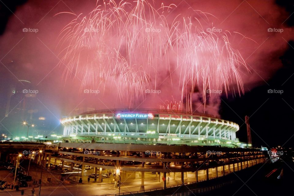 Fireworks show from the last night game at Cinergy Field for the Cincinnati Reds. 