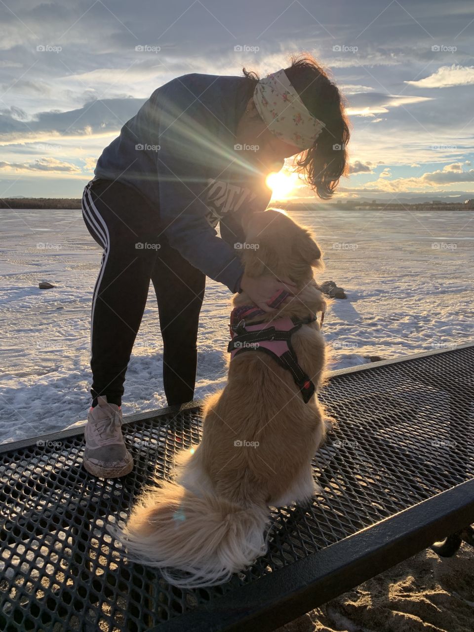 Sun rays spotlight woman and her dog.
