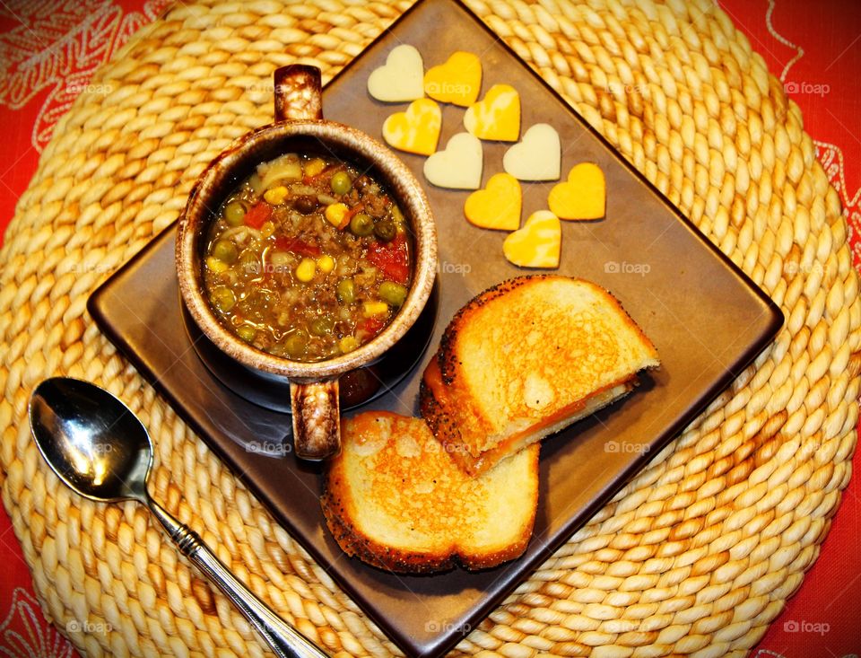 Hot veggie beef soup and grilled cheese sandwich