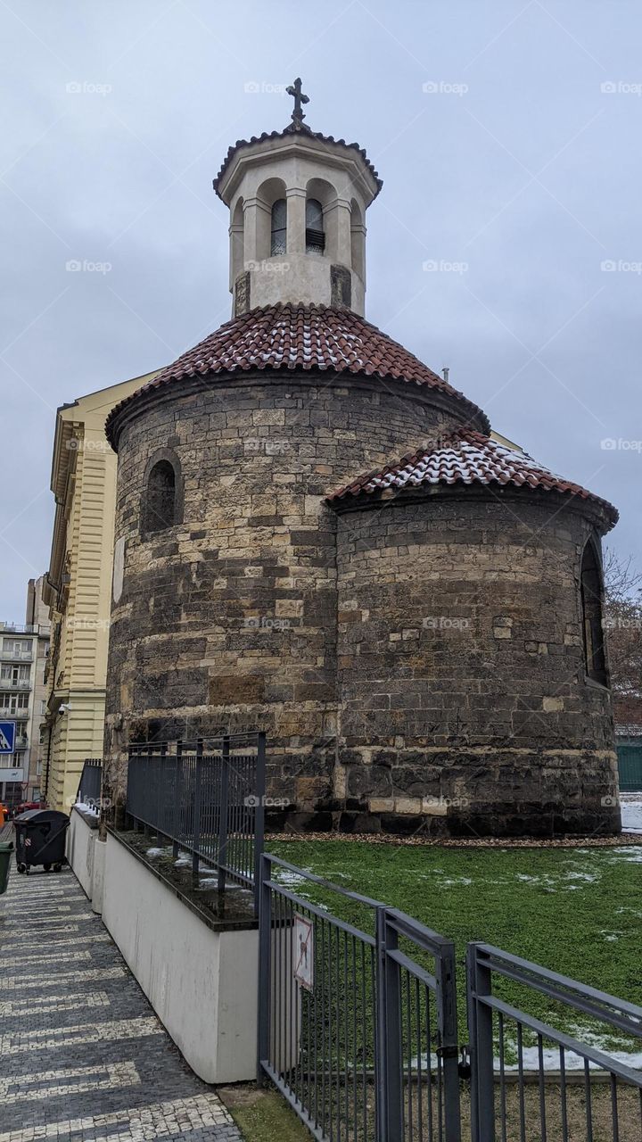 The oldest rotunda in one of the streets of Prague.