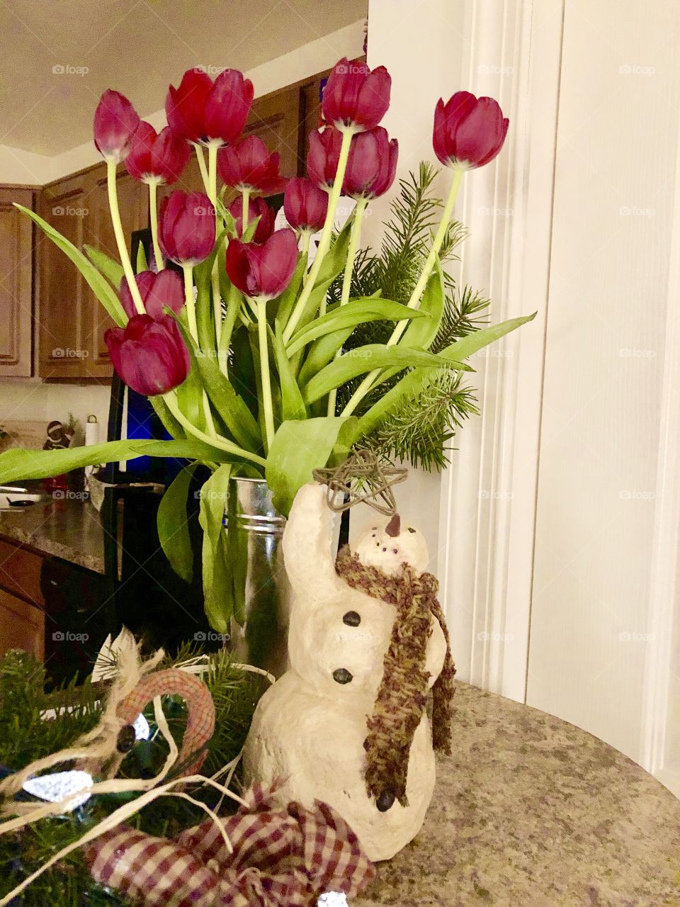 Christmas greens and tulips snowman display & decorations 