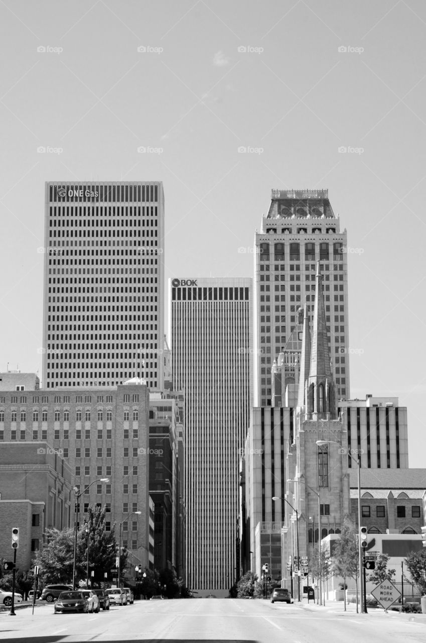Skyscraper buildings . Black and white photo of Tulsa skyline
