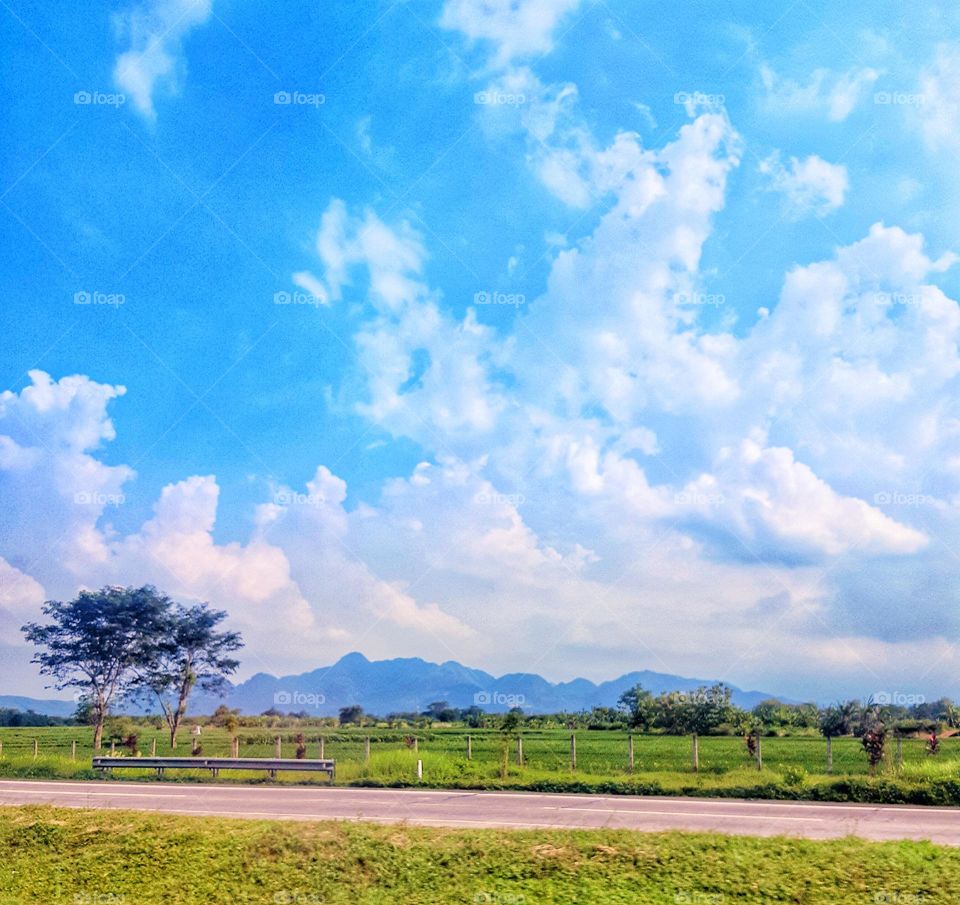 Amazing panoramic of the road with beautiful nature scenery. Bright and colourful of blue sky
