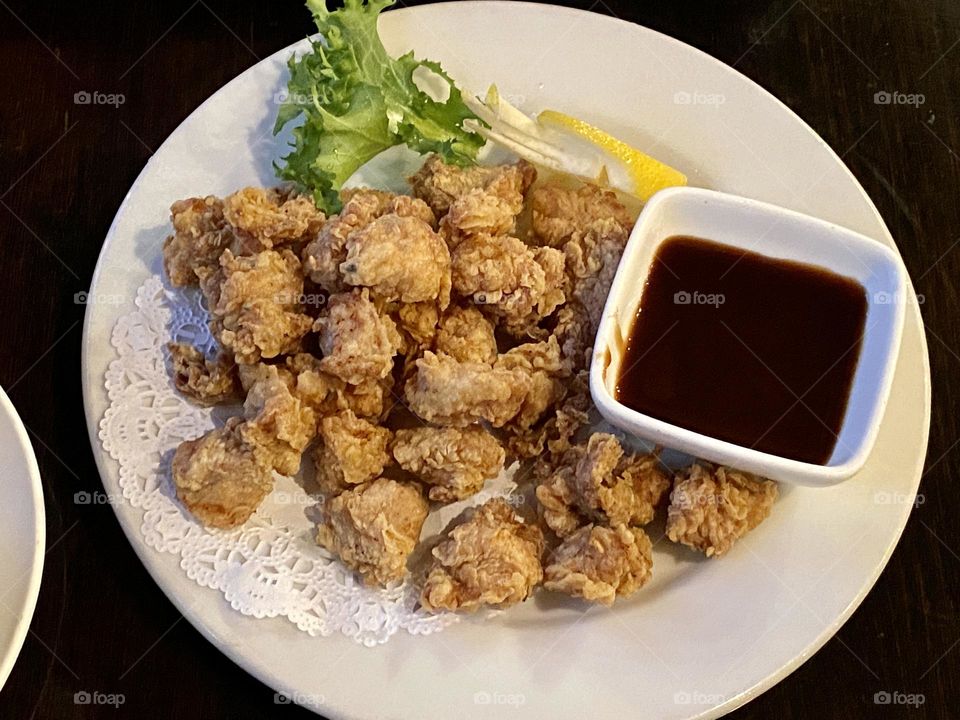 Fried Chicken in Japanese Style in a white plate.