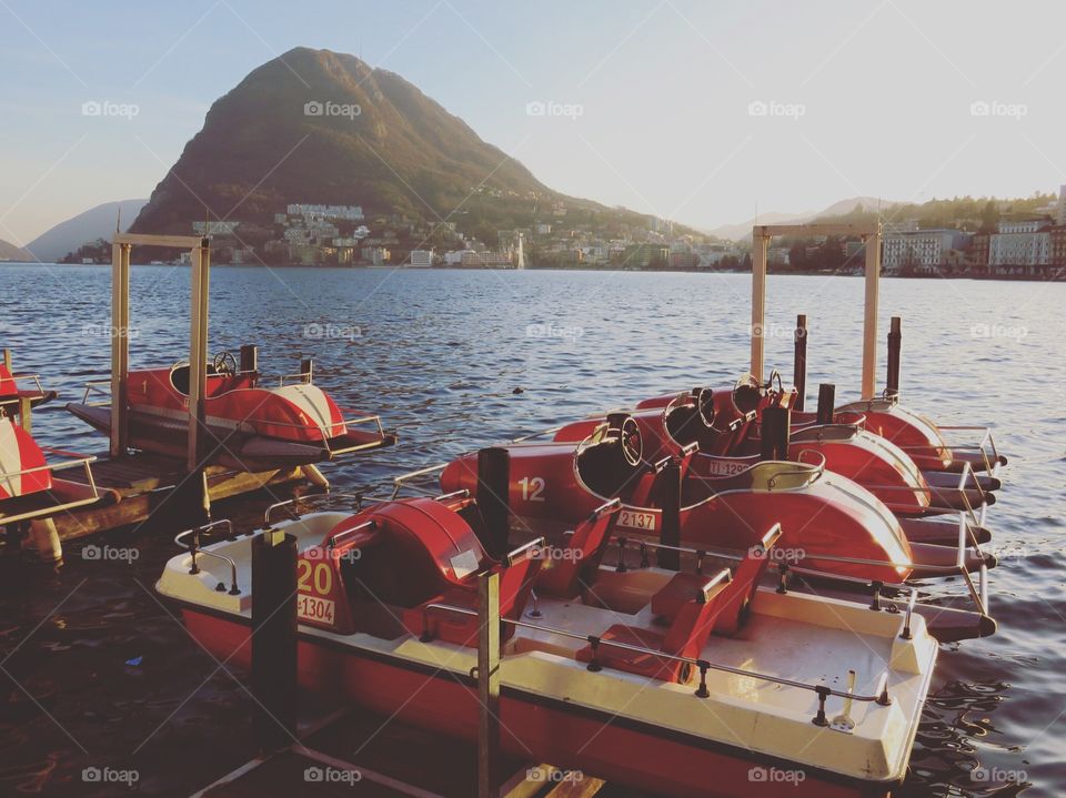 Lake of Lugano and pedalos. Canton Ticino, Switzerland 