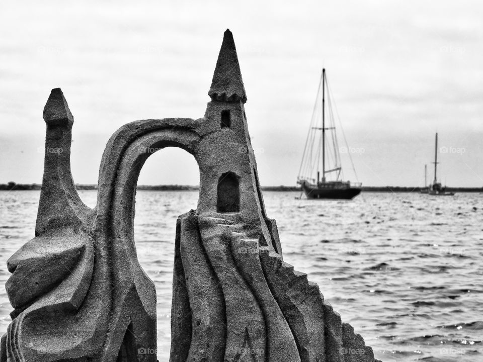 Black And White Architecture. Intricate Sand Castle On The Beach