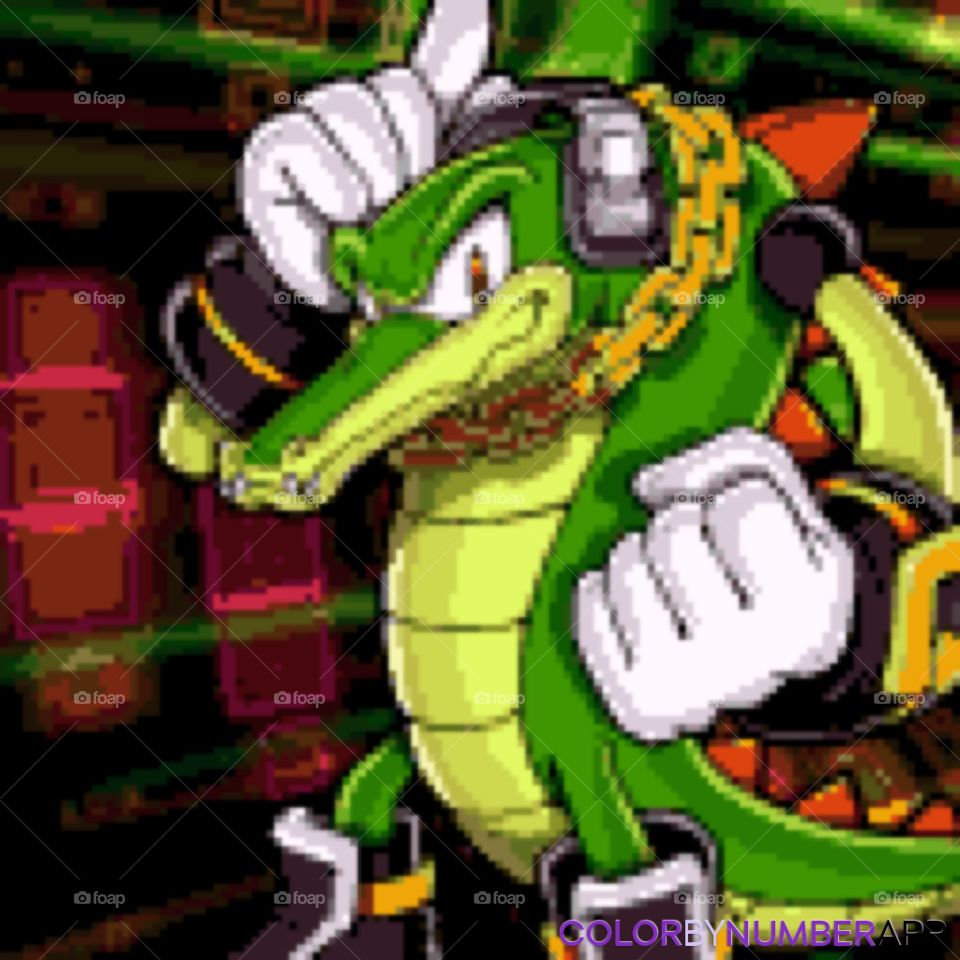 Crocodiles are a reptile with a ferocious attitude. This photo of a crocodile with headphones and a golden chain collar has one of the most famous crocodiles in video game history, Vector! If you ever heard of Sonic the Hedgehog, buy this picture!