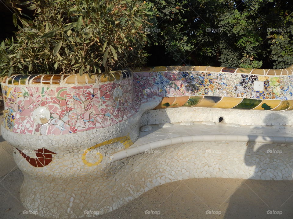 The mosaic tiles in park guell in Barcelona 